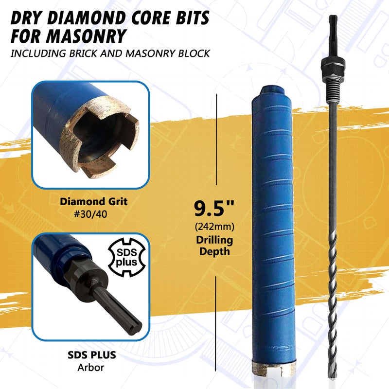 EDiamondTools 1-1/2" Diamond Dry Core Bit for Brick and Block with SDS Plus Pilot Bit Adapter, 9.5" Drilling Depth - Image 2